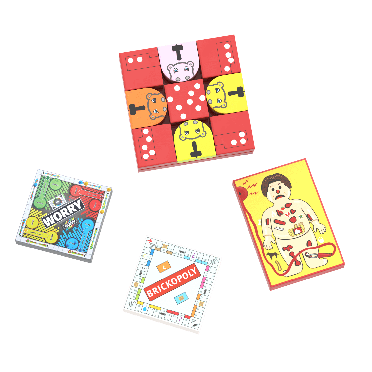 Four colorful custom printed minifig-scale board games aftermarket lego on a white background