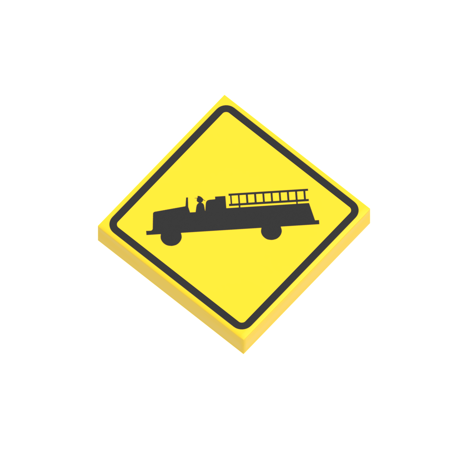 Yellow fire station sign with black silhouette of a fire truck on a black background