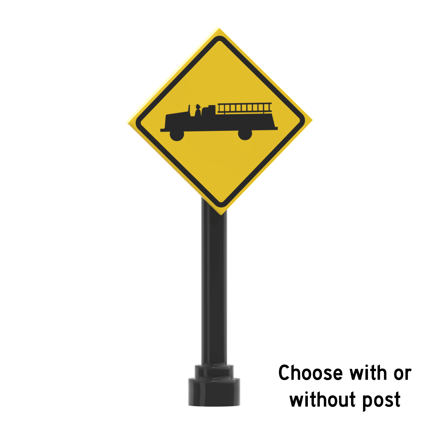 Yellow diamond-shaped road fire station sign with a black fire truck symbol and post on a white background