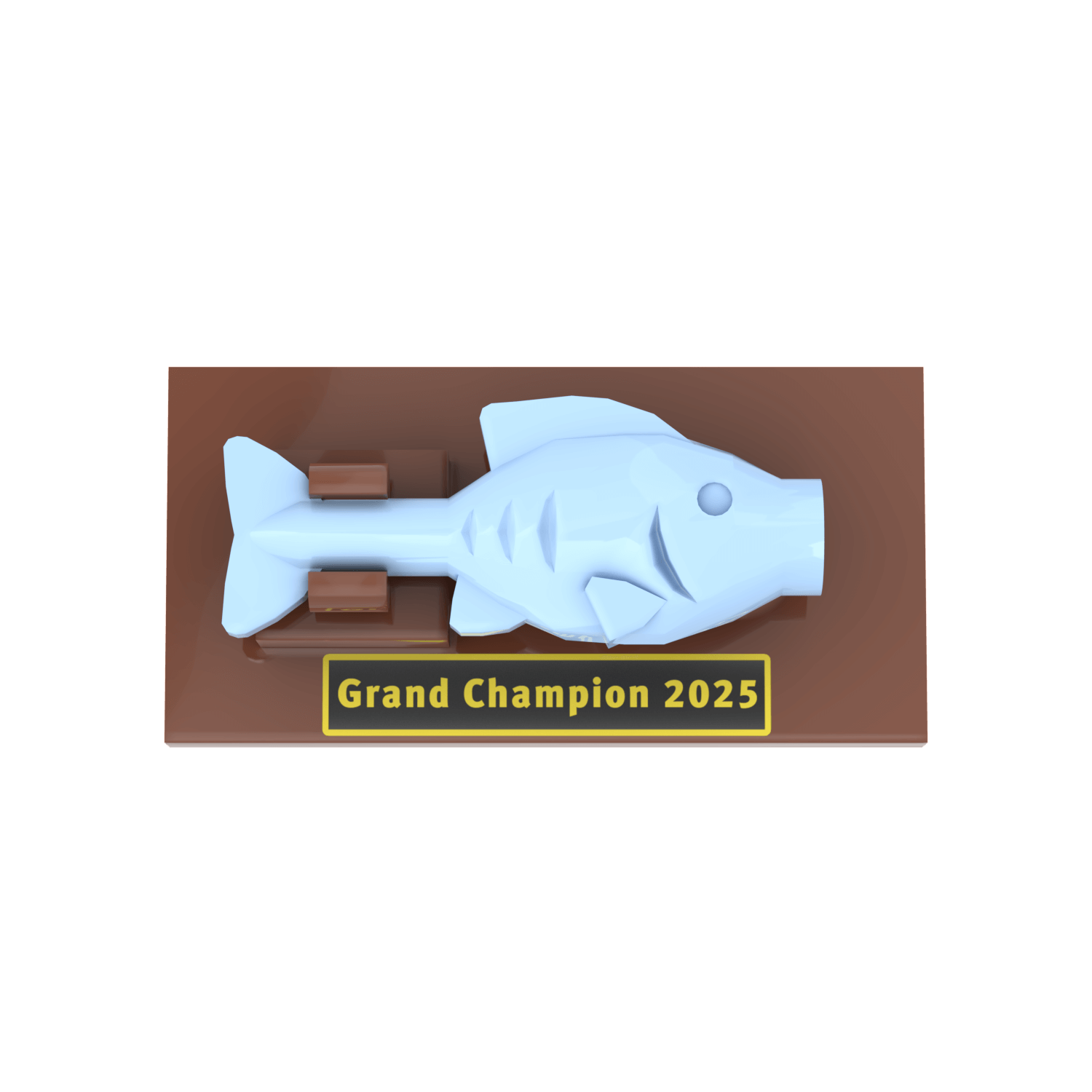 A wall-mounted fishing trophy plaque featuring a printed fish figure with 'Grand Champion 2025' text, constructed using LEGO parts.