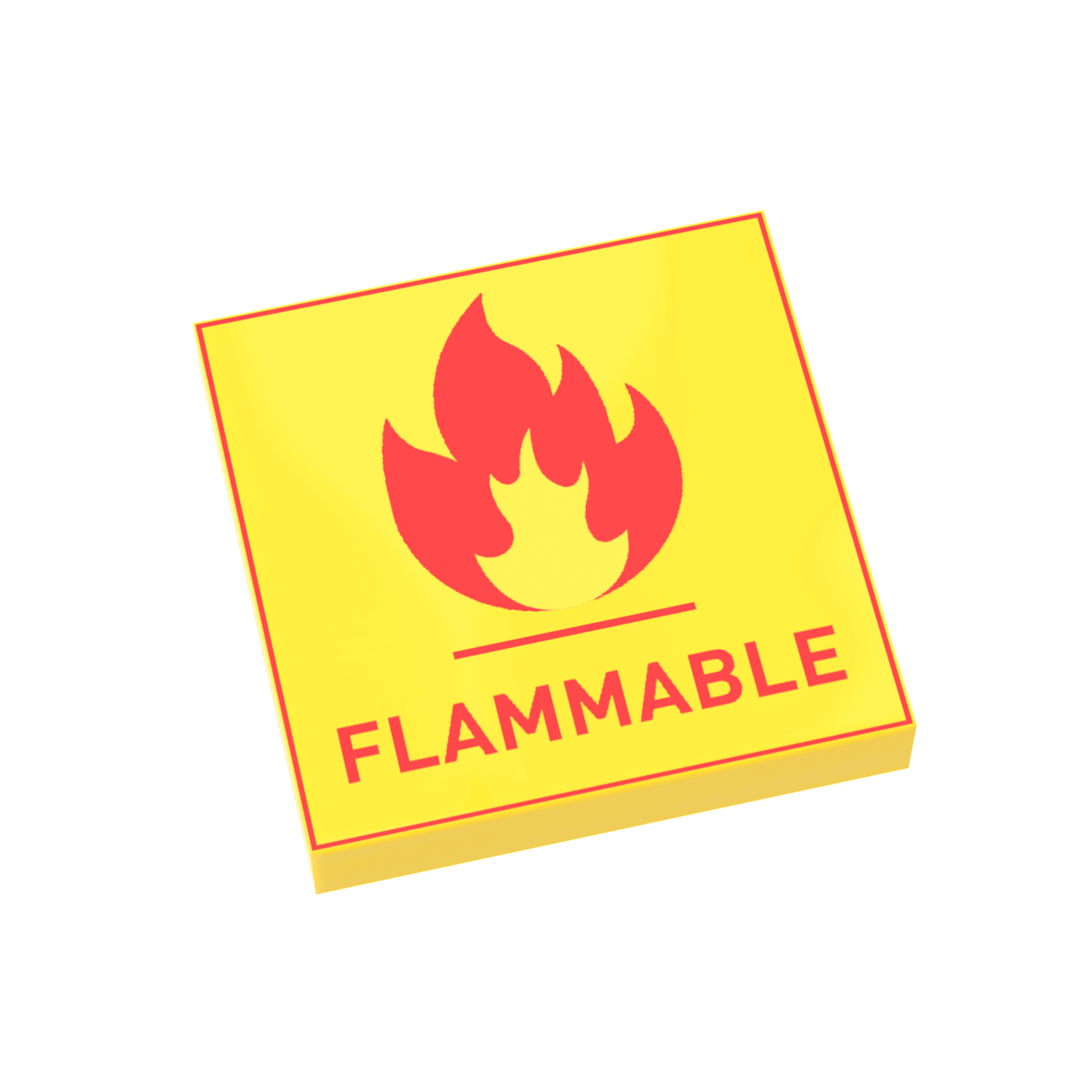 Custom printed sign with a yellow background and red flame symbol indicating flammability, on a 2x2 lego tile.
