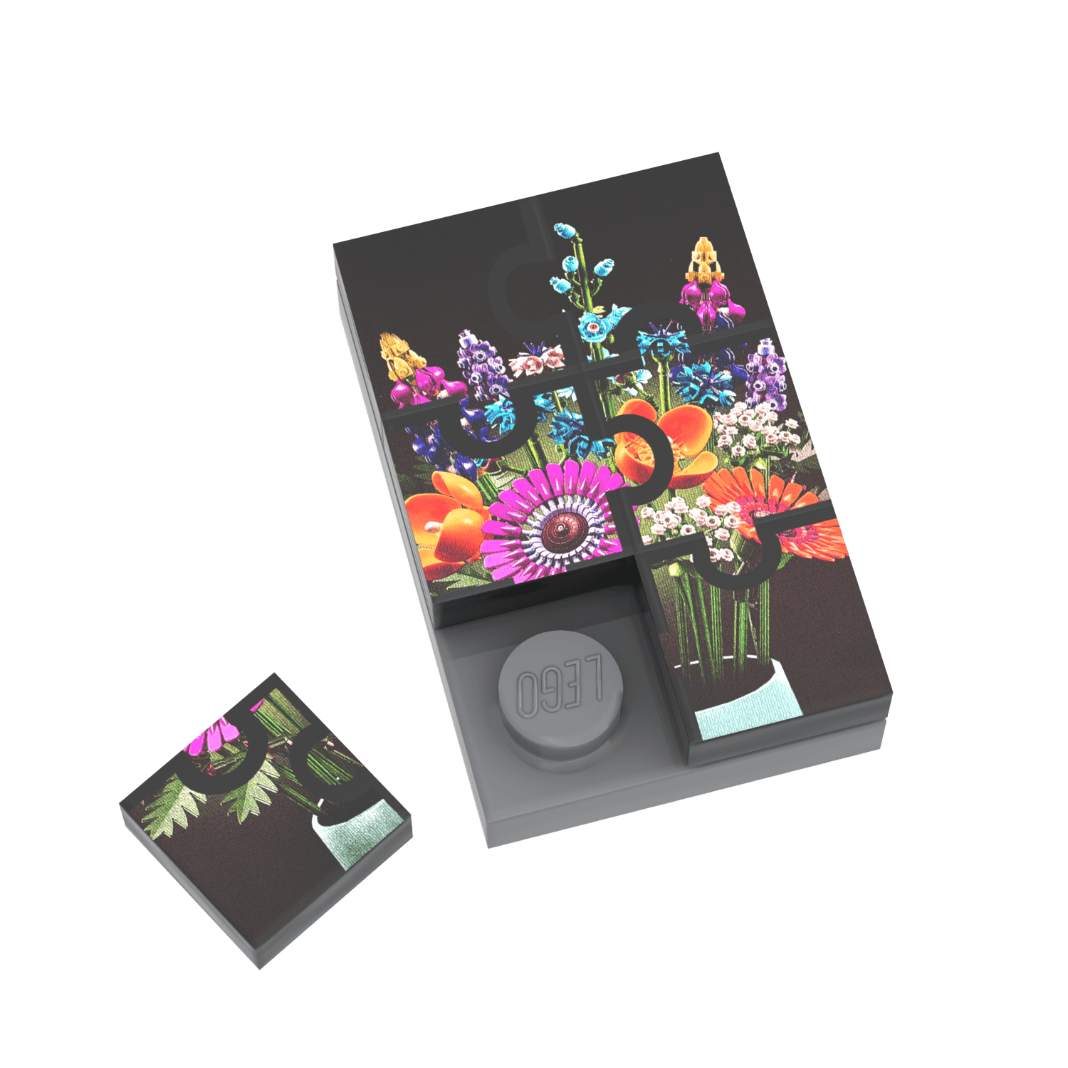 Flower Puzzle made from 6 LEGO pieces with 1 piece not attached on grey plate and white background