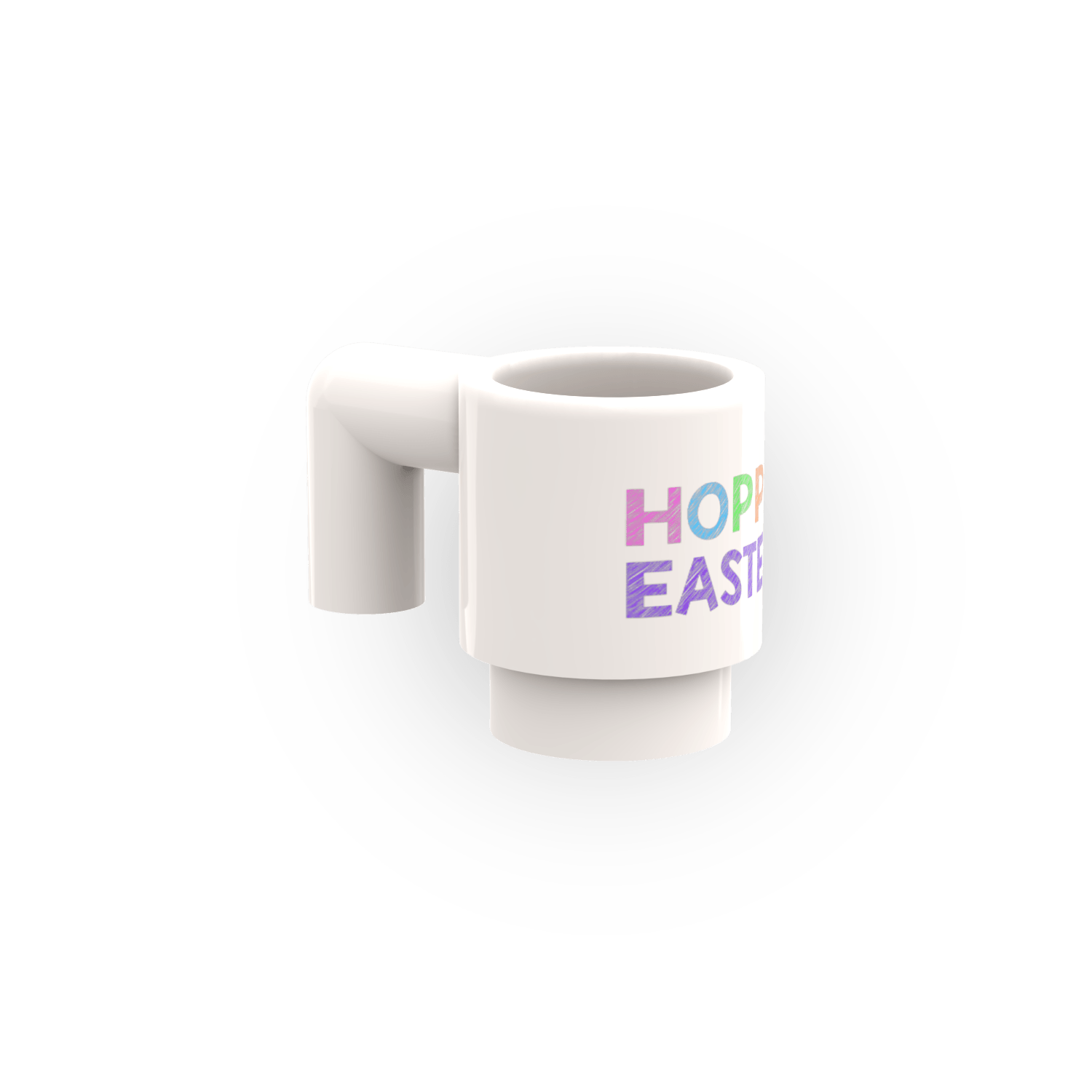 side view of a white custom printed LEGO® mug with 'Happy Easter' text in pastel colors on a white background