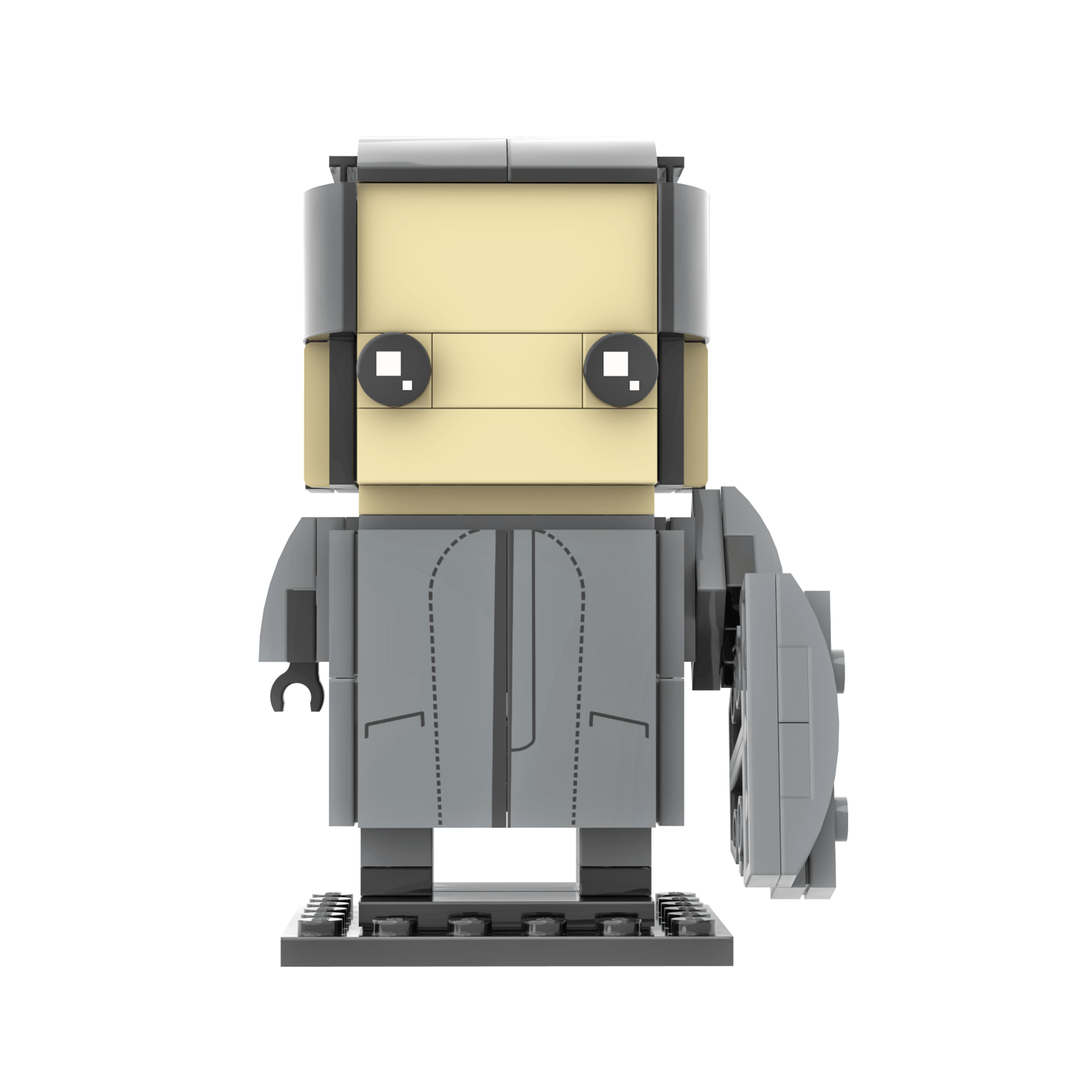 Custom BrickHeadz figure resembling a character from Squid Game, predominantly gray and black with a puppet master costume.