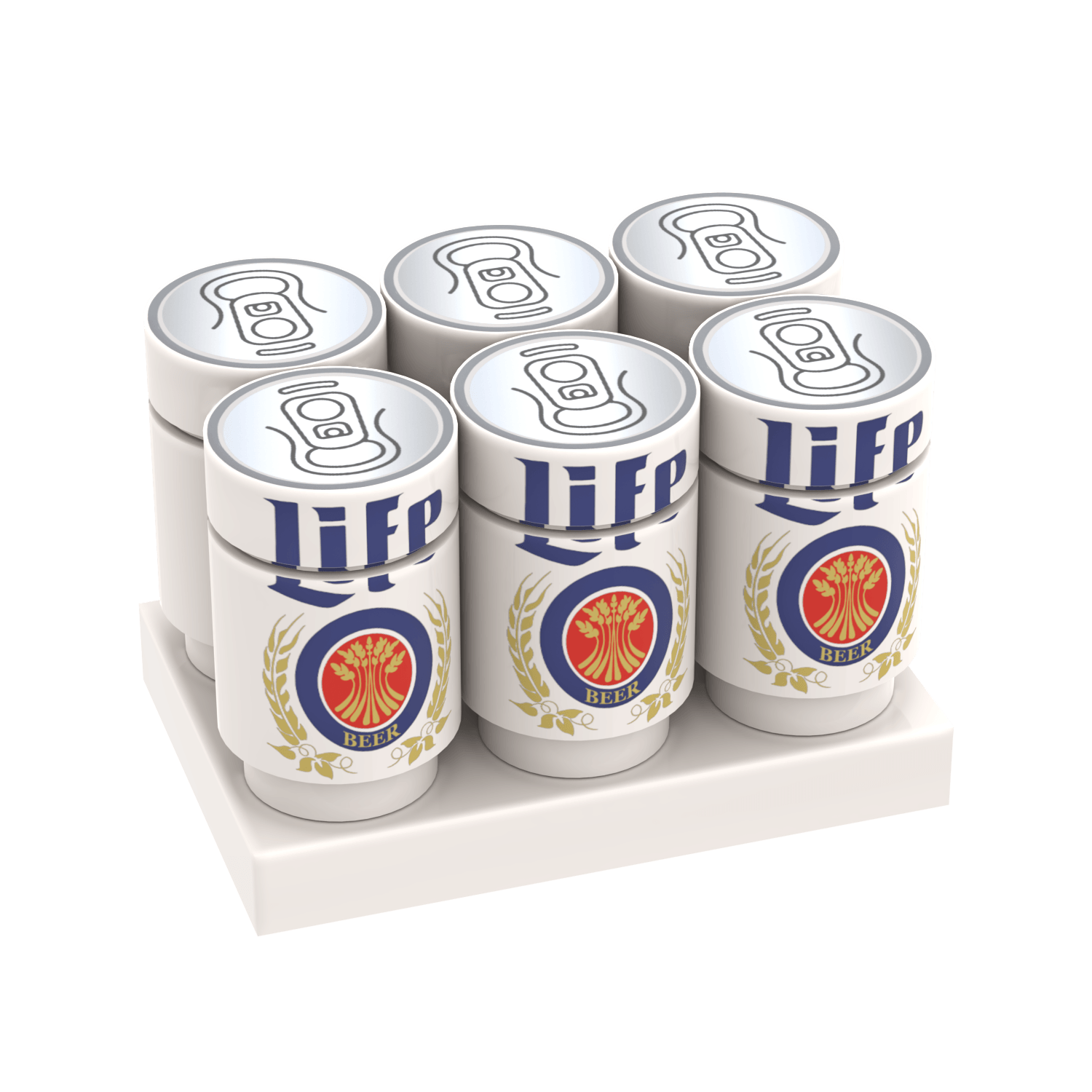Set of six 'Miller Life' beer cans on a white LEGO® plate with a white background