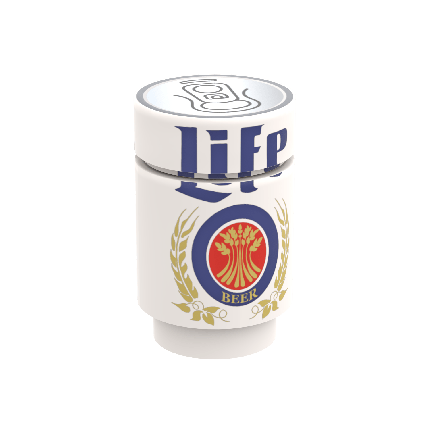 Fuller Life Beer Can made and printed on LEGO® parts on a white background