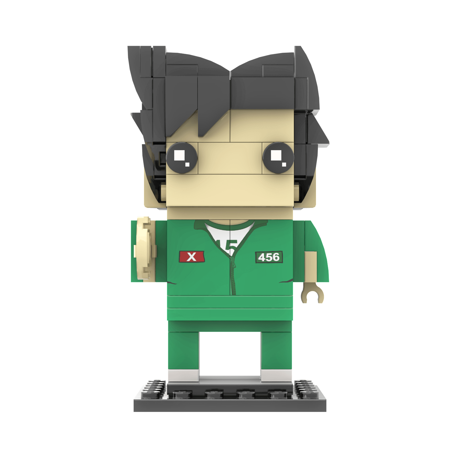 LEGO custom BrickHeadz figure representing a character from the TV show 'Squid Game', wearing a green tracksuit with the number 456.