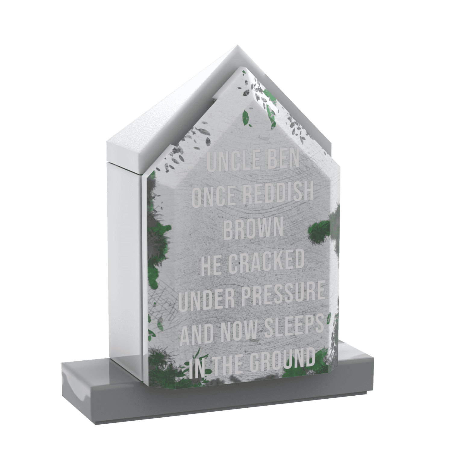 Decorative lego tombstone with humorous text on a transparent background
