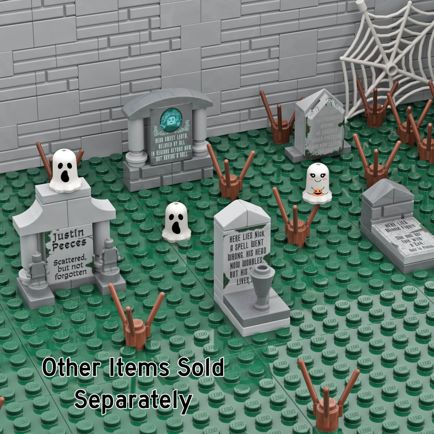 LEGO brick built scene with gravestones, dead plants and LEGO ghosts with a grey wall in the background.