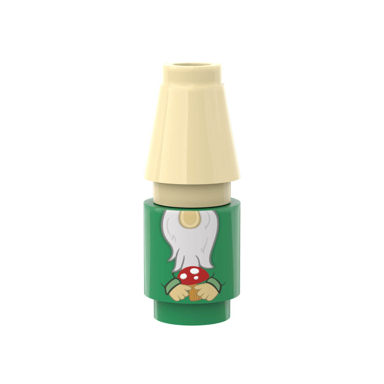 Custom printed LEGO garden gnome minifigure with a green tunic and a beige hat.