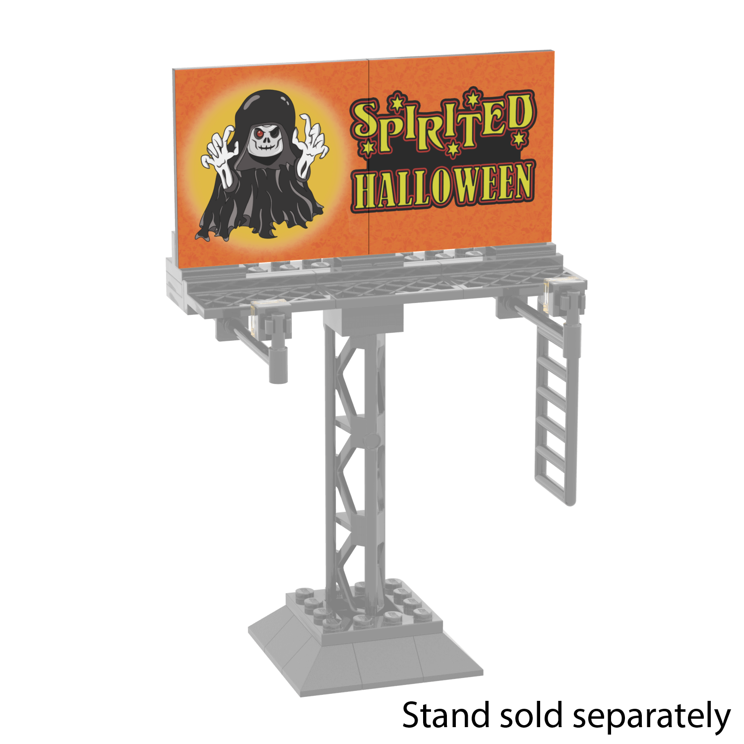 Halloween-themed billboard with a skull and text on an orange background, displayed on a billboard support stand aftermarket lego building set on a white background.