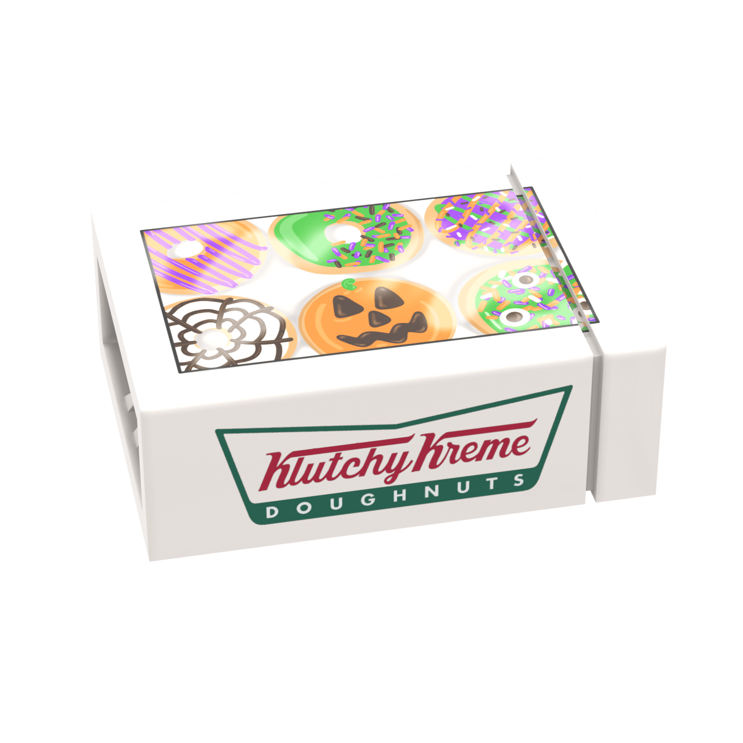 Krispy Kreme doughnut box with Halloween-themed doughnuts printed lego on a white background