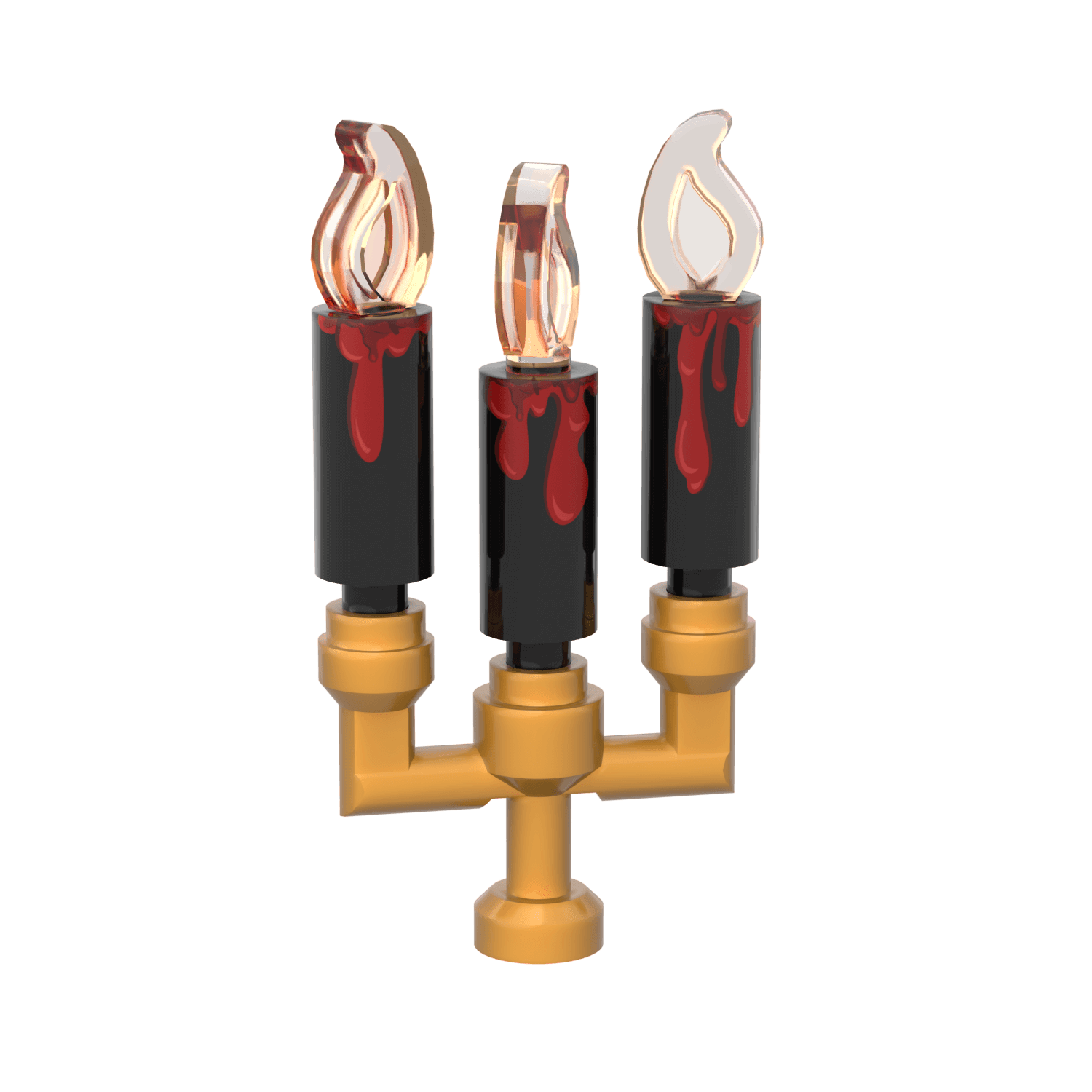 Decorative candle holder with flames and custom printed red wax dripping down the black candles