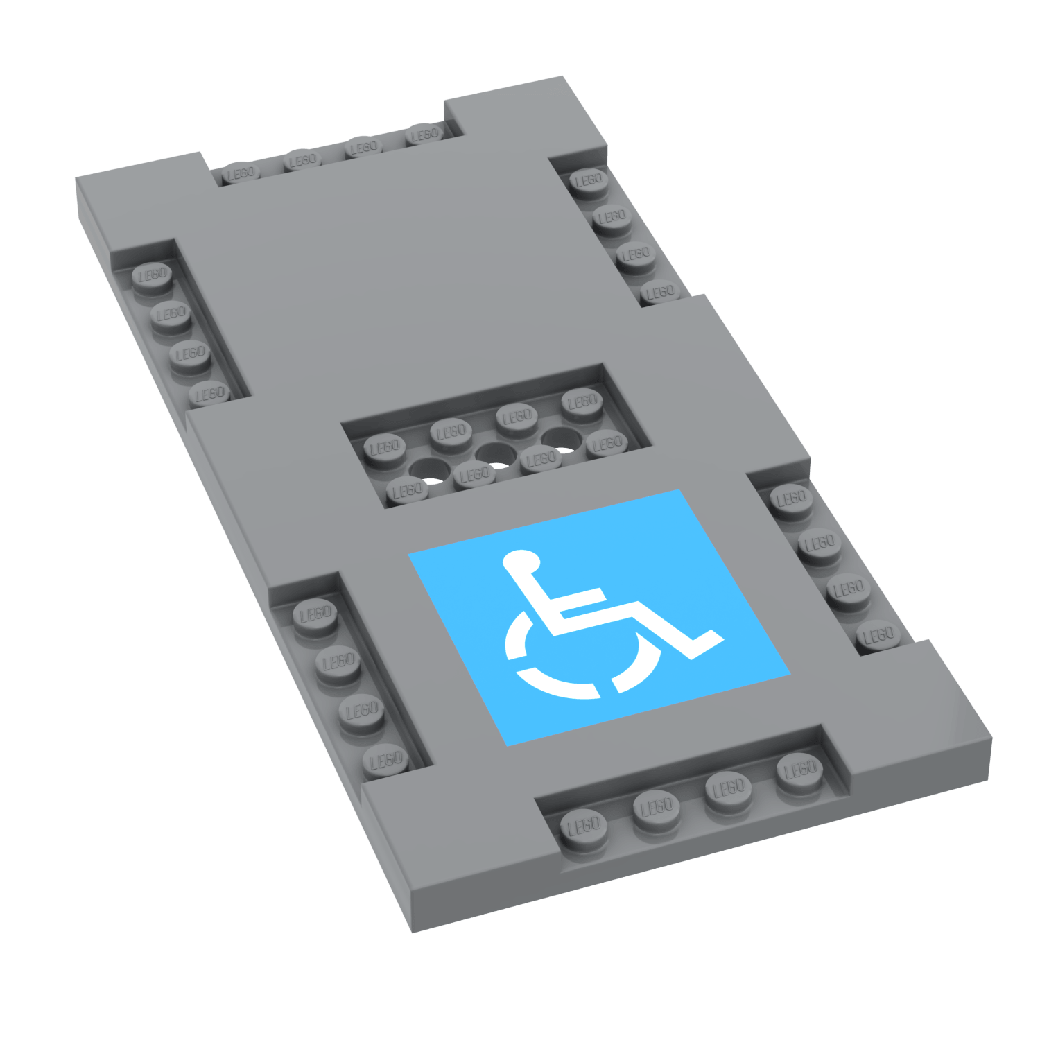 Gray LEGO road plate/brick with a blue and white wheelchair accessibility symbol  printed on it on a white background