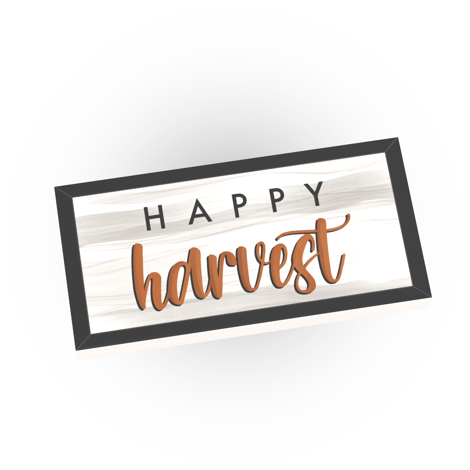 Happy Harvest sign with a black border and light wood pattern printed on a  LEGO tile with a white background.