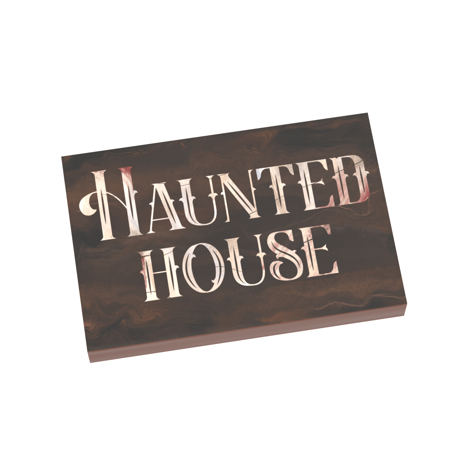 Haunted House text on wooden pattern with hints of red blood printed on Brown LEGO tile, on a white background.