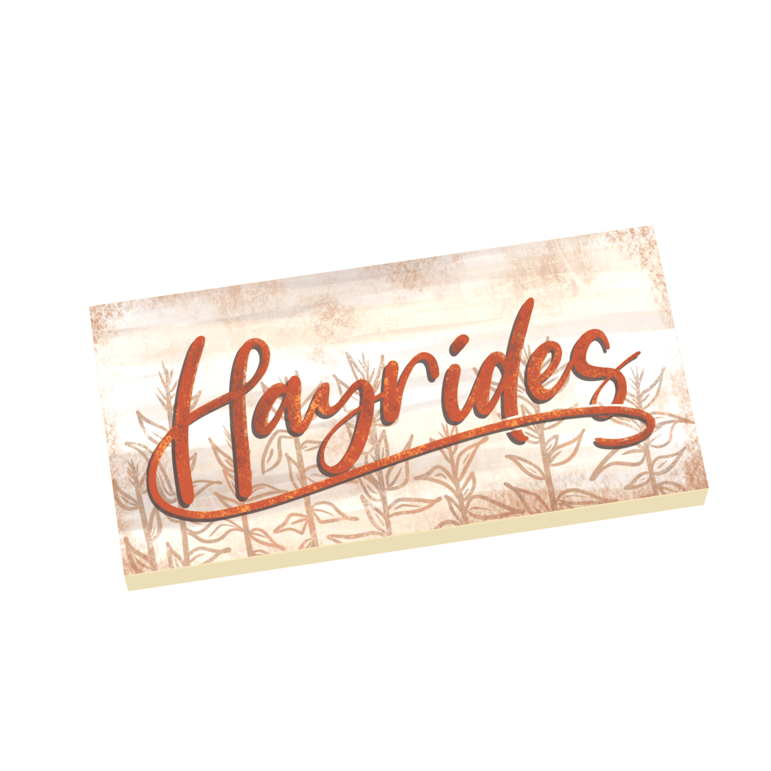 Hayrides whimsical text in red with hay drawings behind printed on a tan colored tile, on a white background.