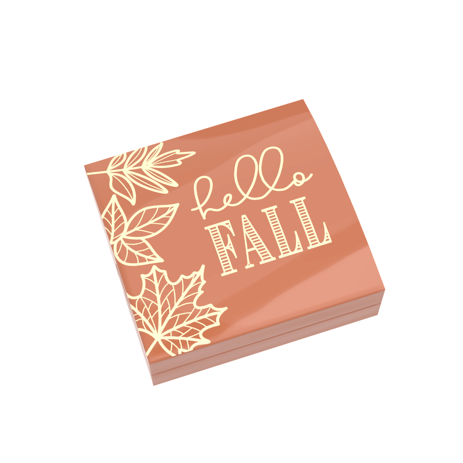 curved dark orange lego tile with "Hello Fall" and leaves printed on it