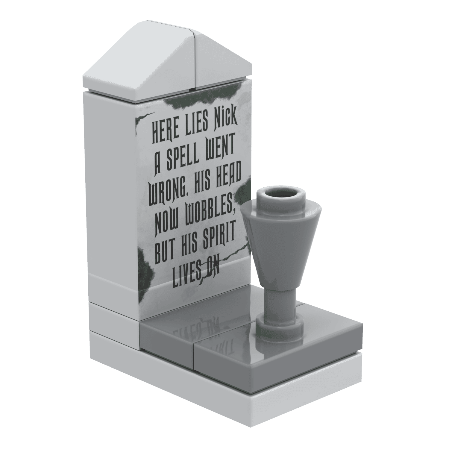 Lego moc of a gray gravestone with urn with humorous epitaph on a transparent background