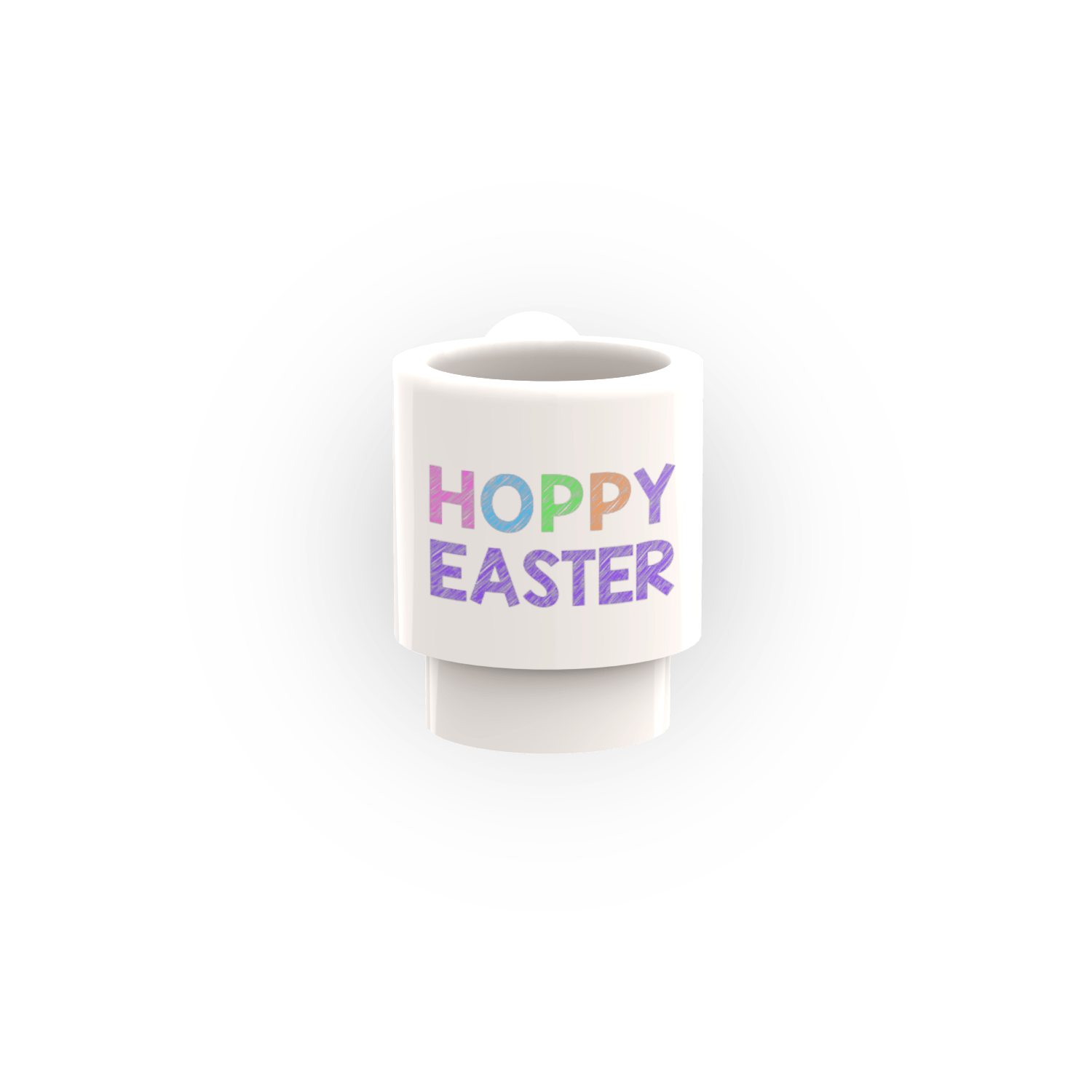 White custom printed LEGO® mug with 'Happy Easter' text in pastel colors on a white background