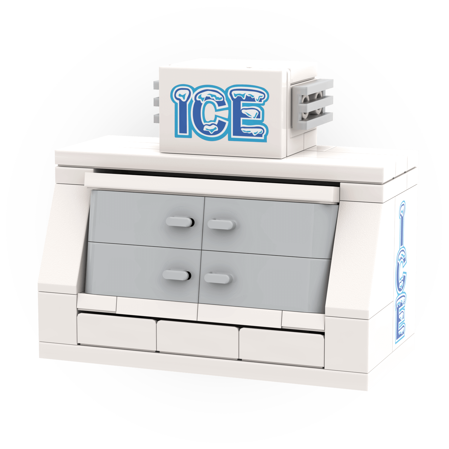 ice machine made from lego with 'ICE' sign on a white background