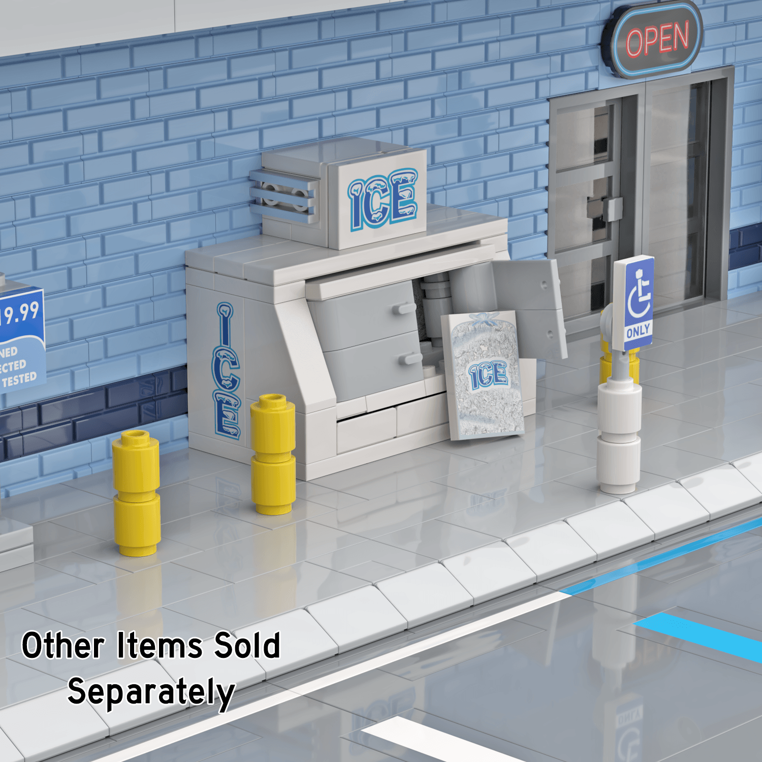 Custom LEGO Ice vending machine building set by a blue LEGO wall and accessible parking sign in a gas station setting