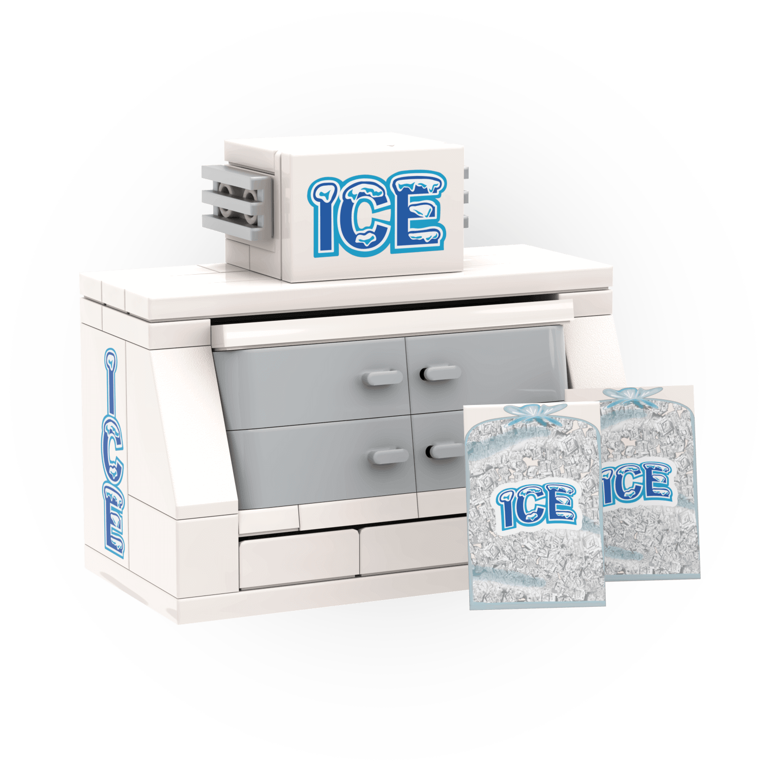 lego ice vending mcahine with 'ICE' branding on a white background