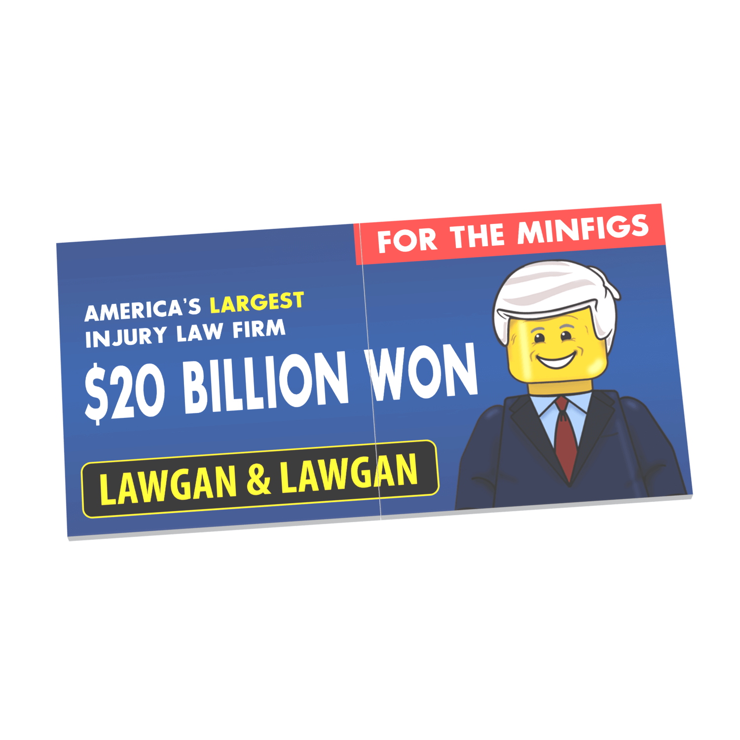 Custom printed Lego tiles featuring an Injury Attorney billboard with text and a minifig lawyer figure.