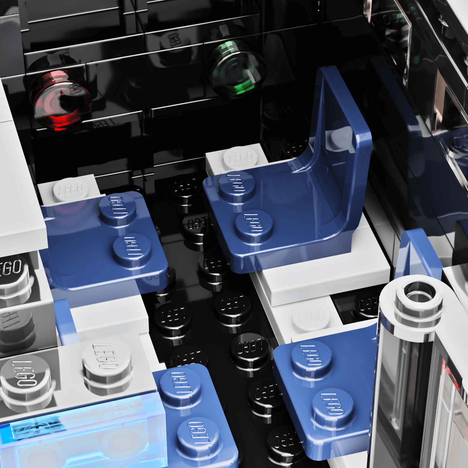 Close-up of inside the S.W.AT. vehicle with 4 blue seats made from LEGO pieces.