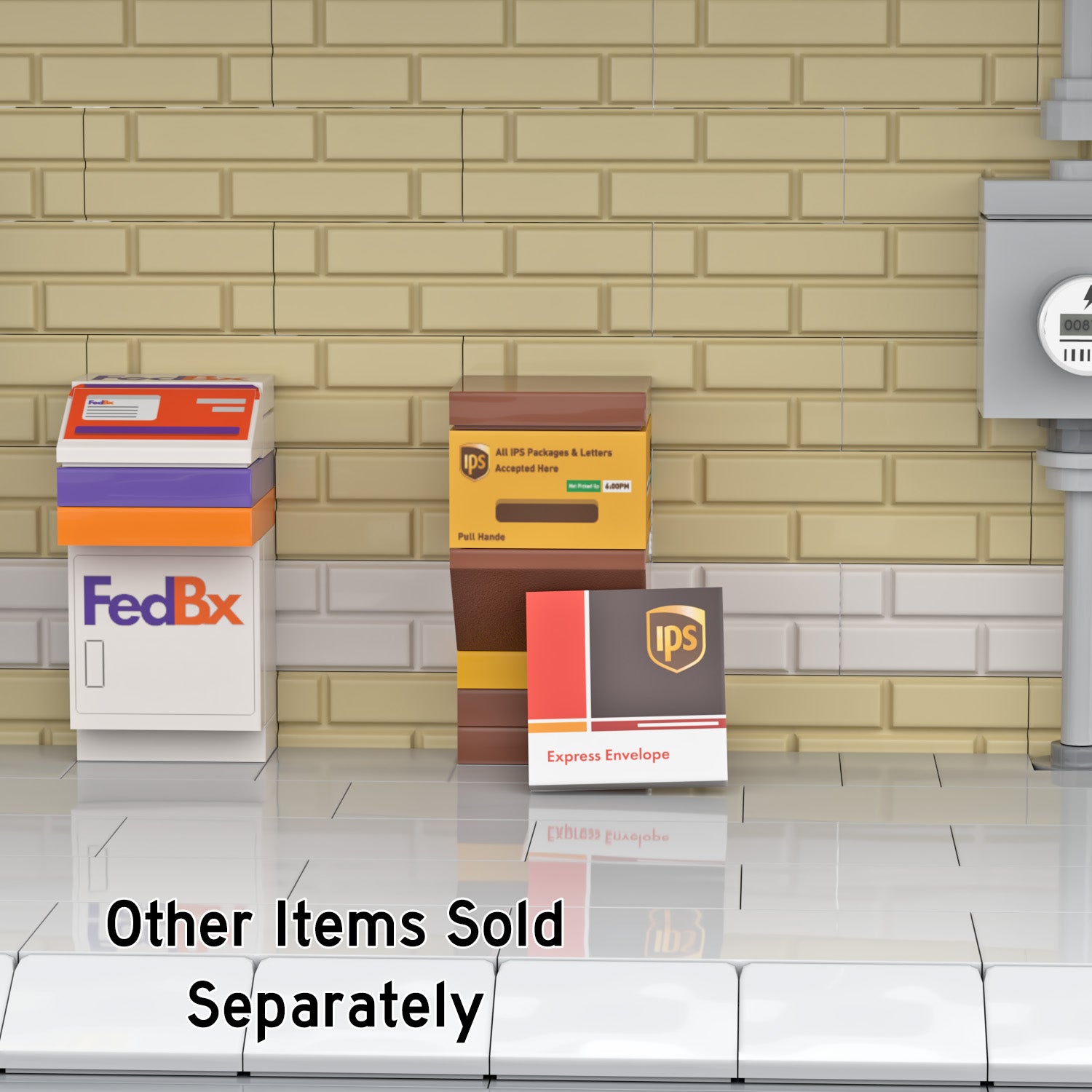 UPS envelope leaning on a UPS drop box, in a LEGO brick built urban setting