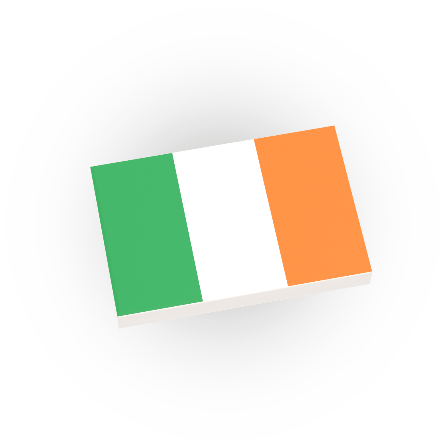 Custom printed green white and orange Ireland country flag on a white LEGO tile on a white background.