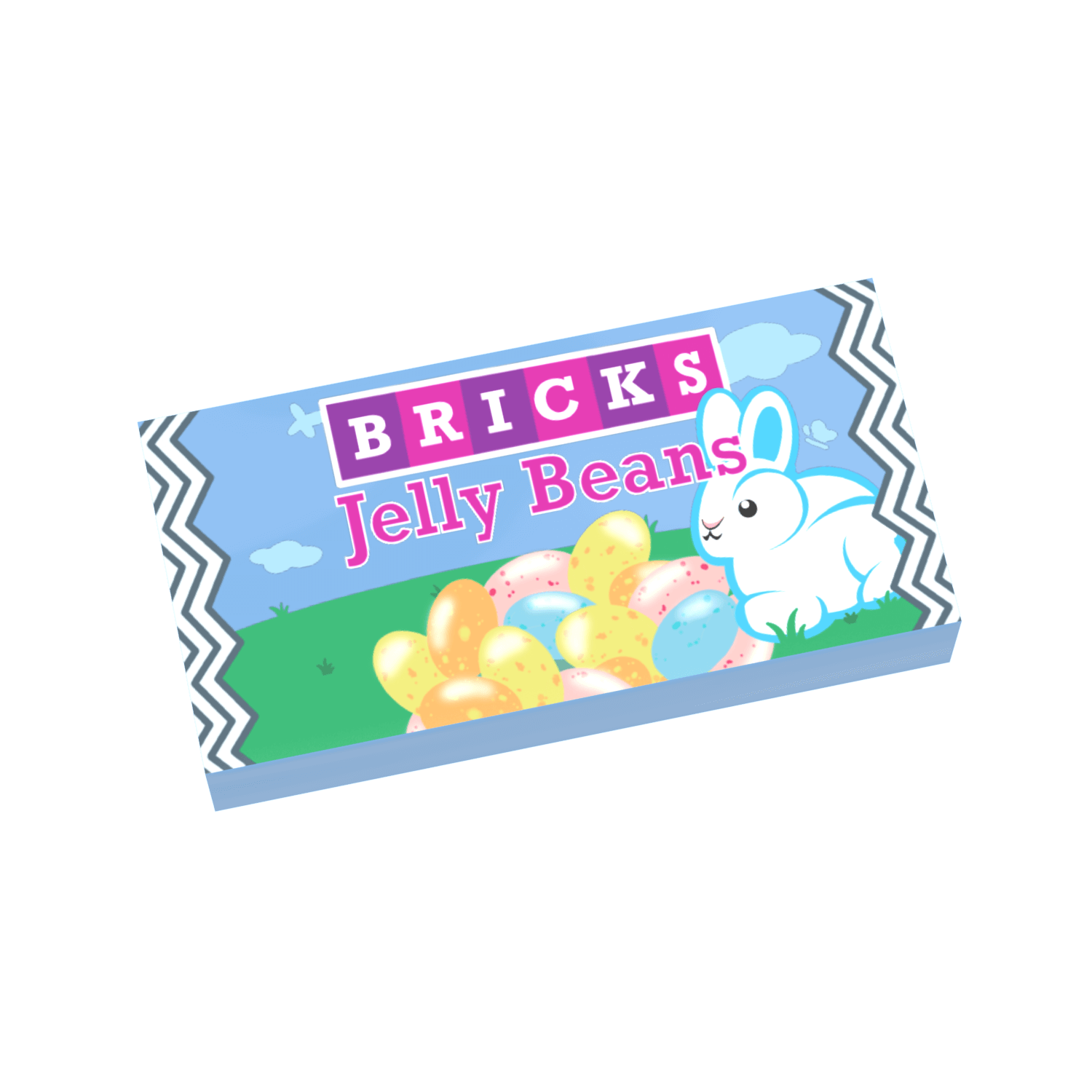 Custom printed 1x2 LEGO tile with an image of a jelly beans bag, featuring colorful candies and a bunny, on a white background.