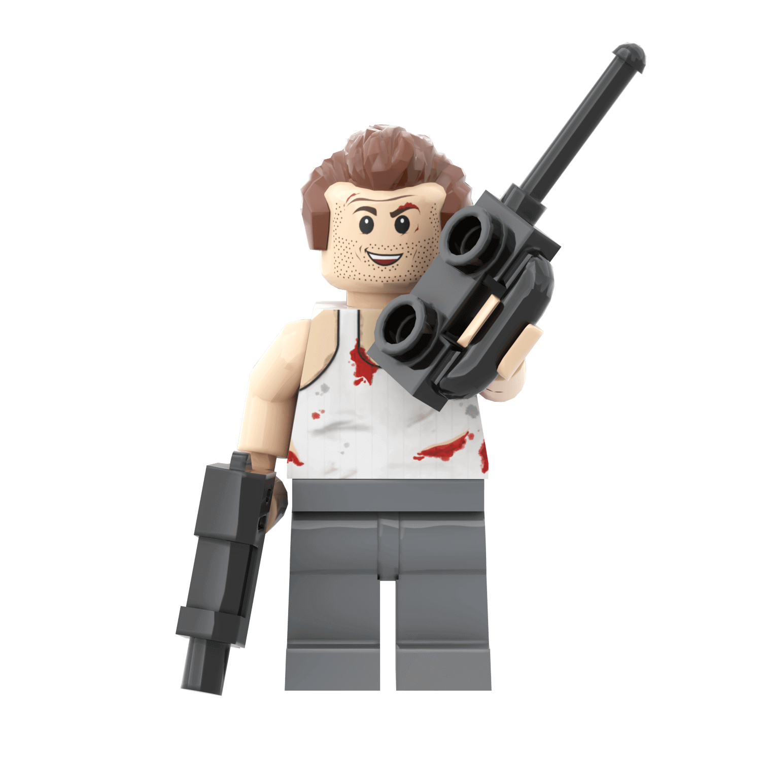 Custom LEGO minifigure of John McClane from Die Hard, wearing a white tank top with blood stains, gray pants, and holding a machine gun and walkie-talkie on a white background.