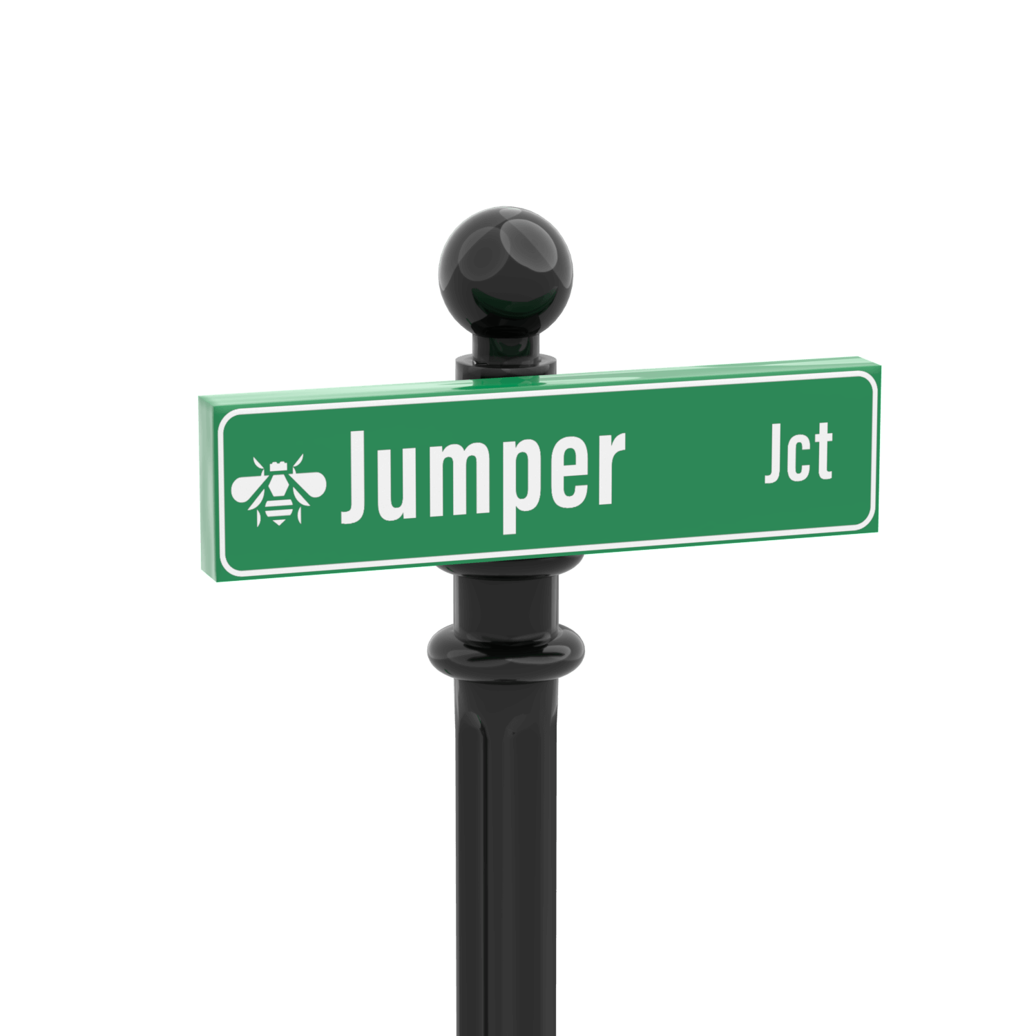 Green LEGO street sign with "Jumper Jct" printed on it with a black post on a white background.