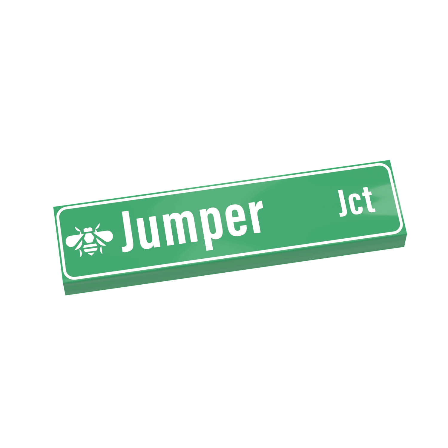 Green LEGO street sign with "Jumper Jct" printed on it on a white background.