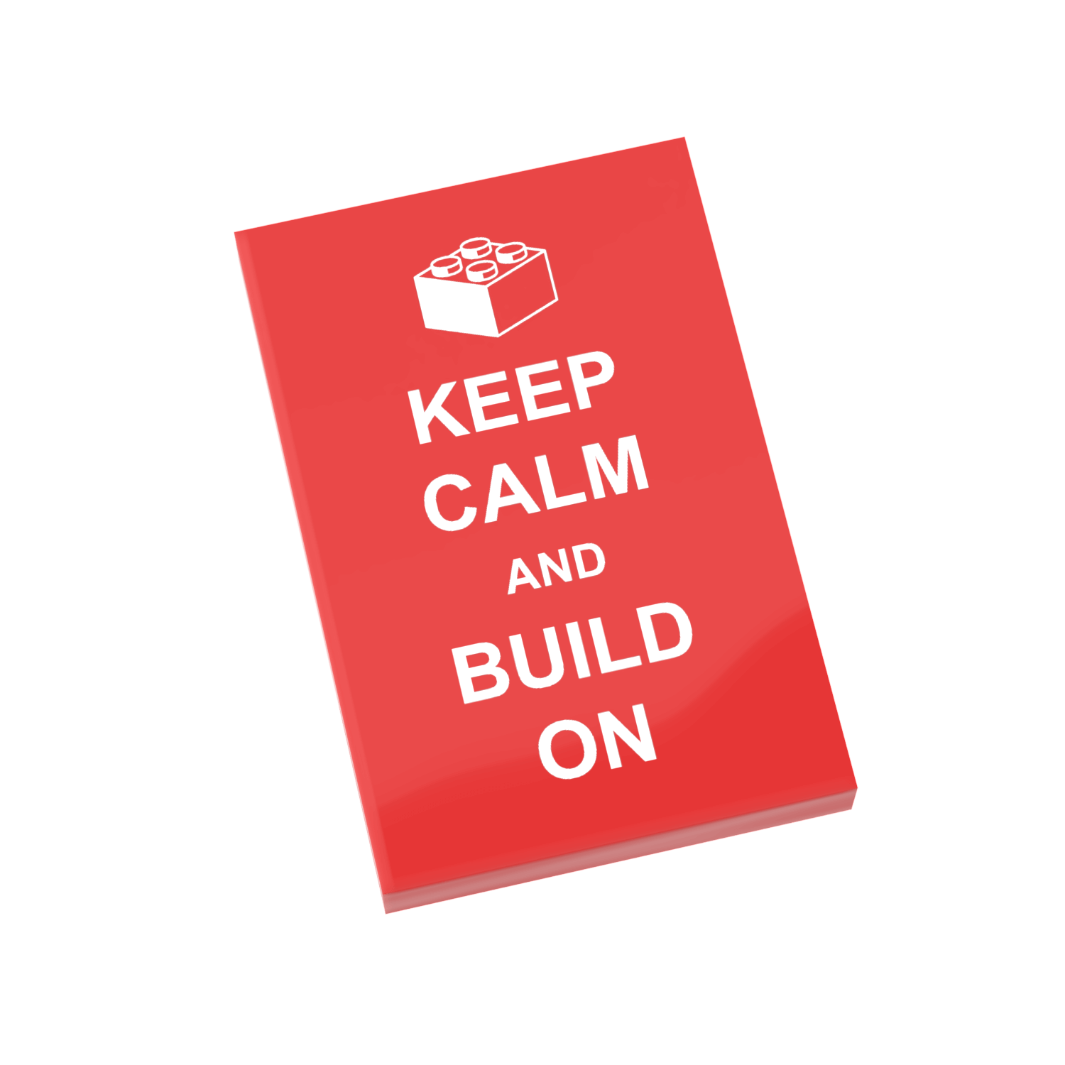 Red lego tile with 'Keep Calm and Build On' text and a white building block icon on a black background.