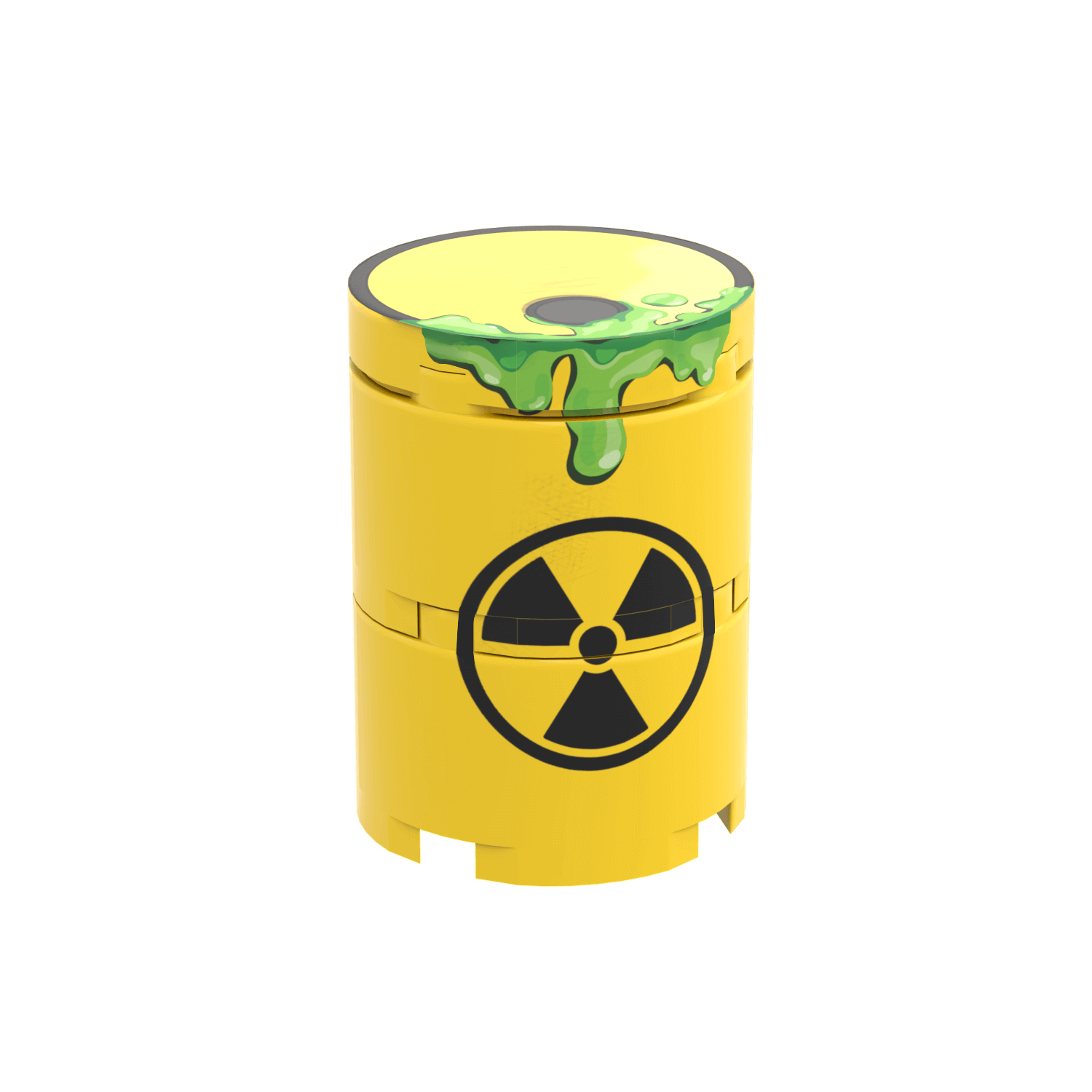 A Lego brick built yellow leaking radioactive storage barrel with a radioactive symbol printed on.
