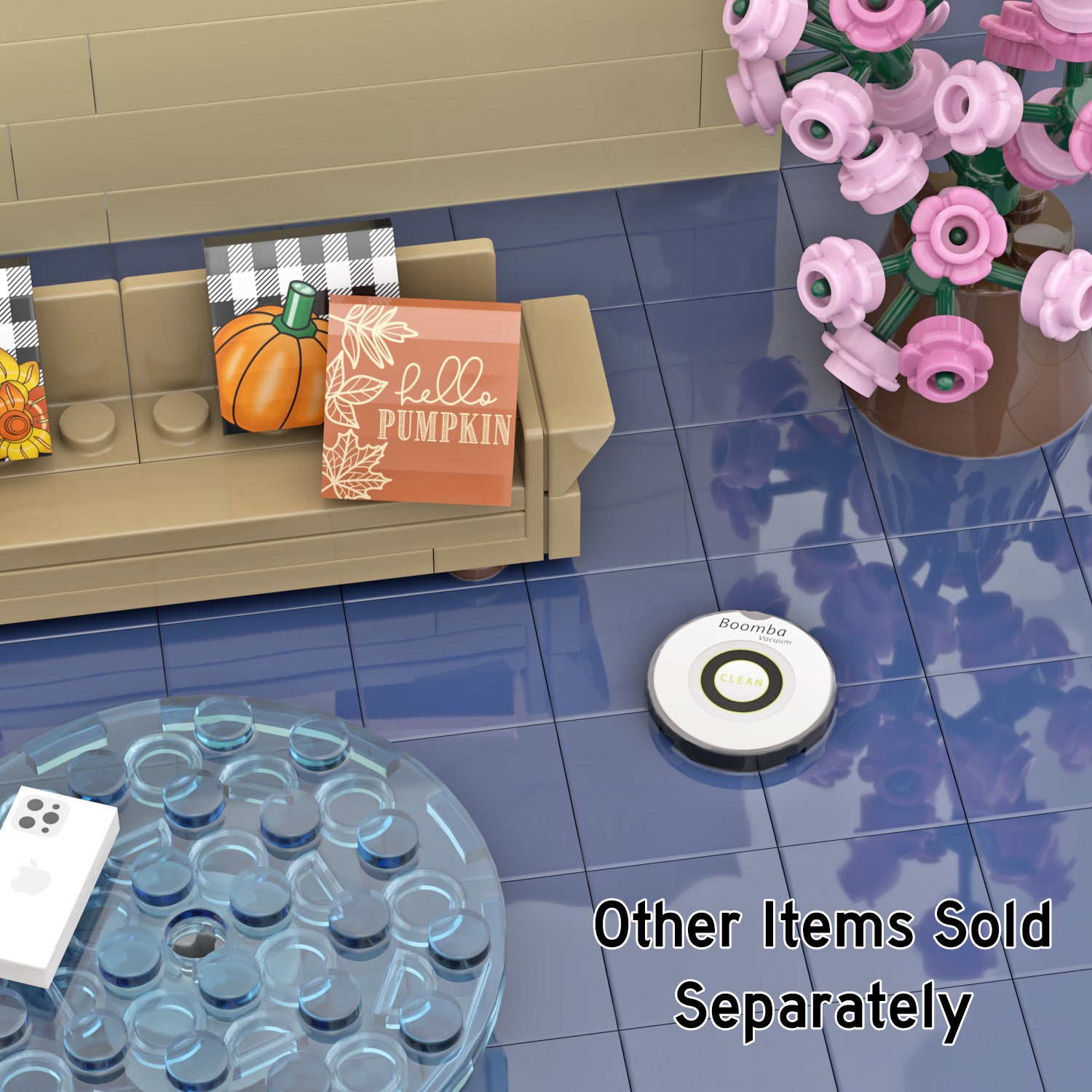 A round LEGO white and black robotic floor cleaner sits on a glossy blue-tiled floor in a LEGO room scene with a tan couch, autumn decorations, pink flowers, and a glass table. Text on the image reads 'Other Items Sold Separately.