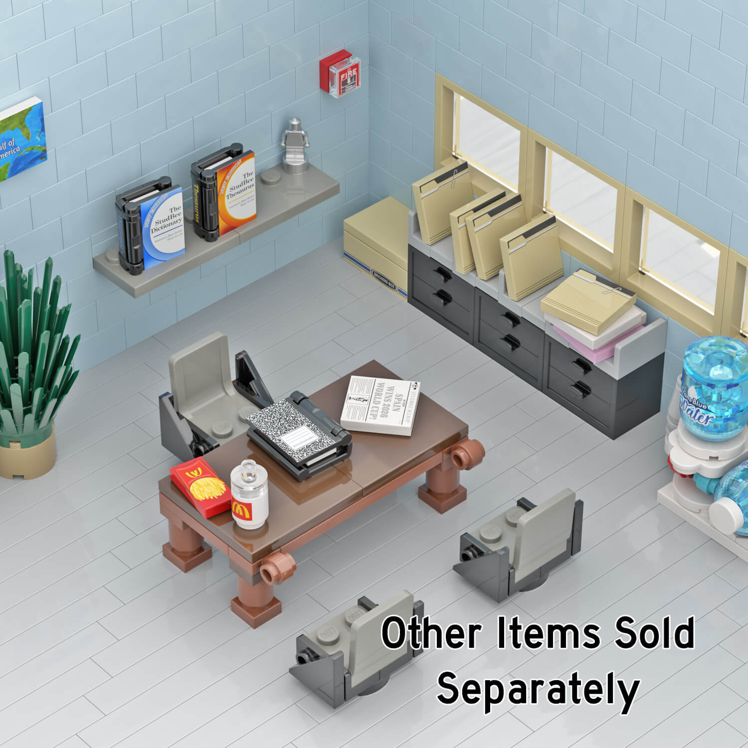 LEGO brick built office, with book shelf, file cabinets and file boxes, a brown desk with food, with light blue walls and grey floor.