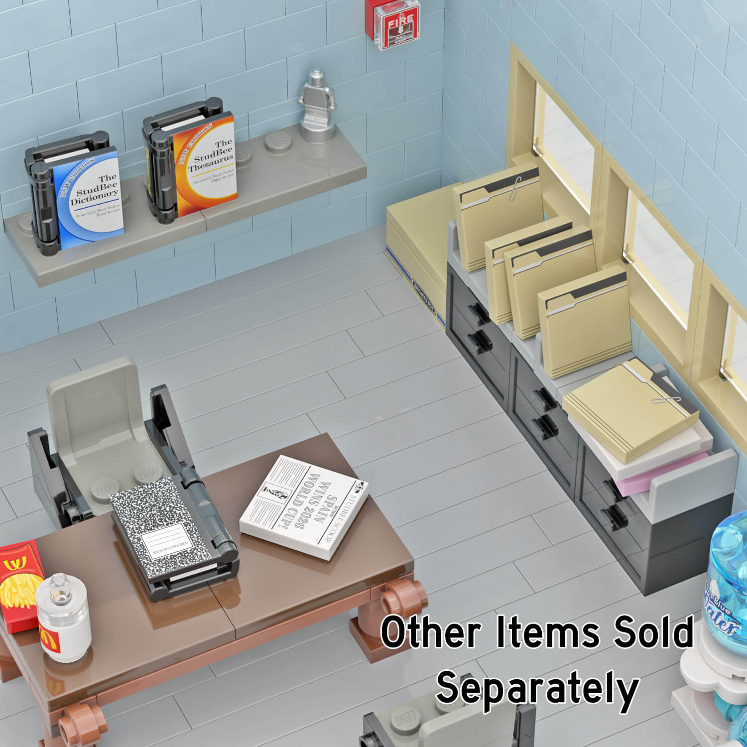 LEGO brick built office settings with a book shelf, file cabinets and file folders with a brown desk and chairs with blue wall and gray floor.