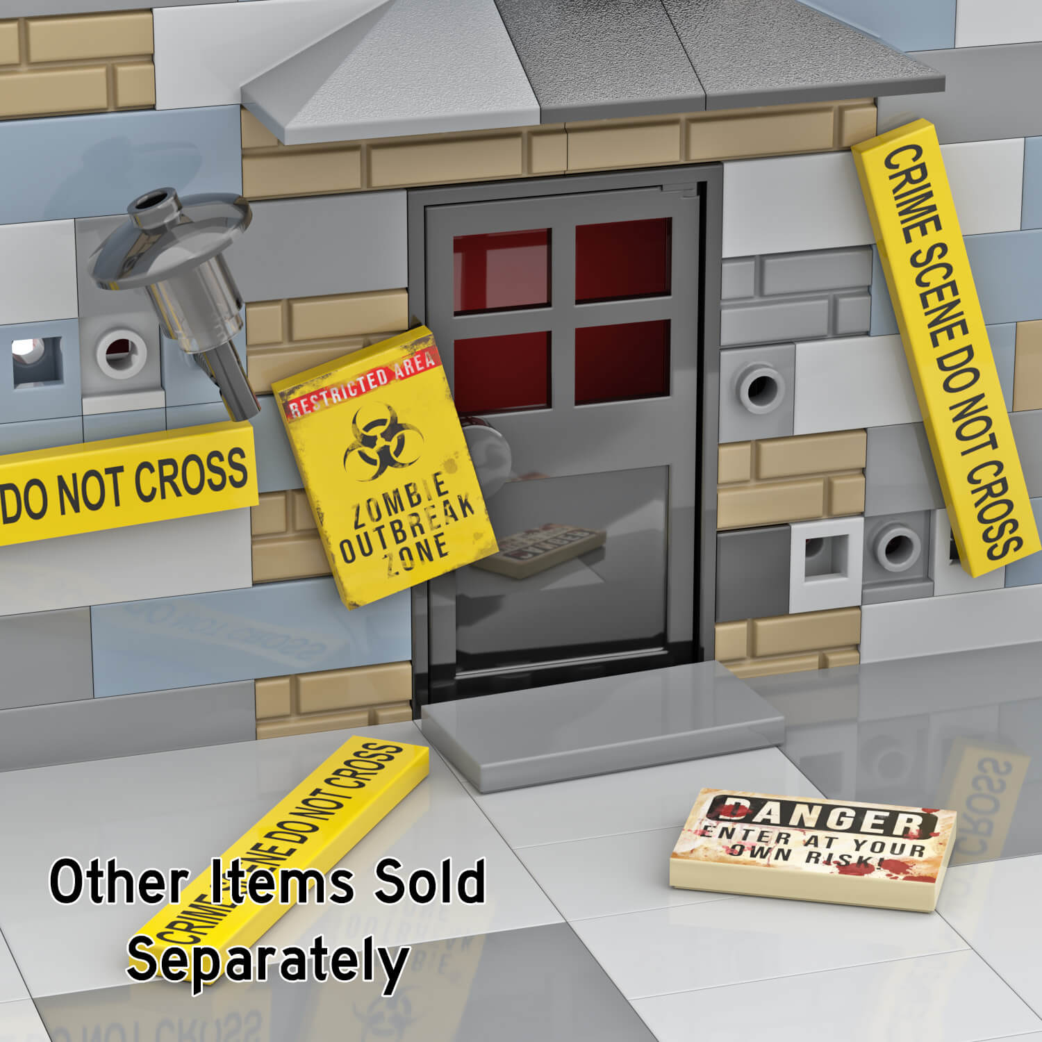 Restricted Area Quarantined zone sign hanging on a old LEGO brick built run down building.