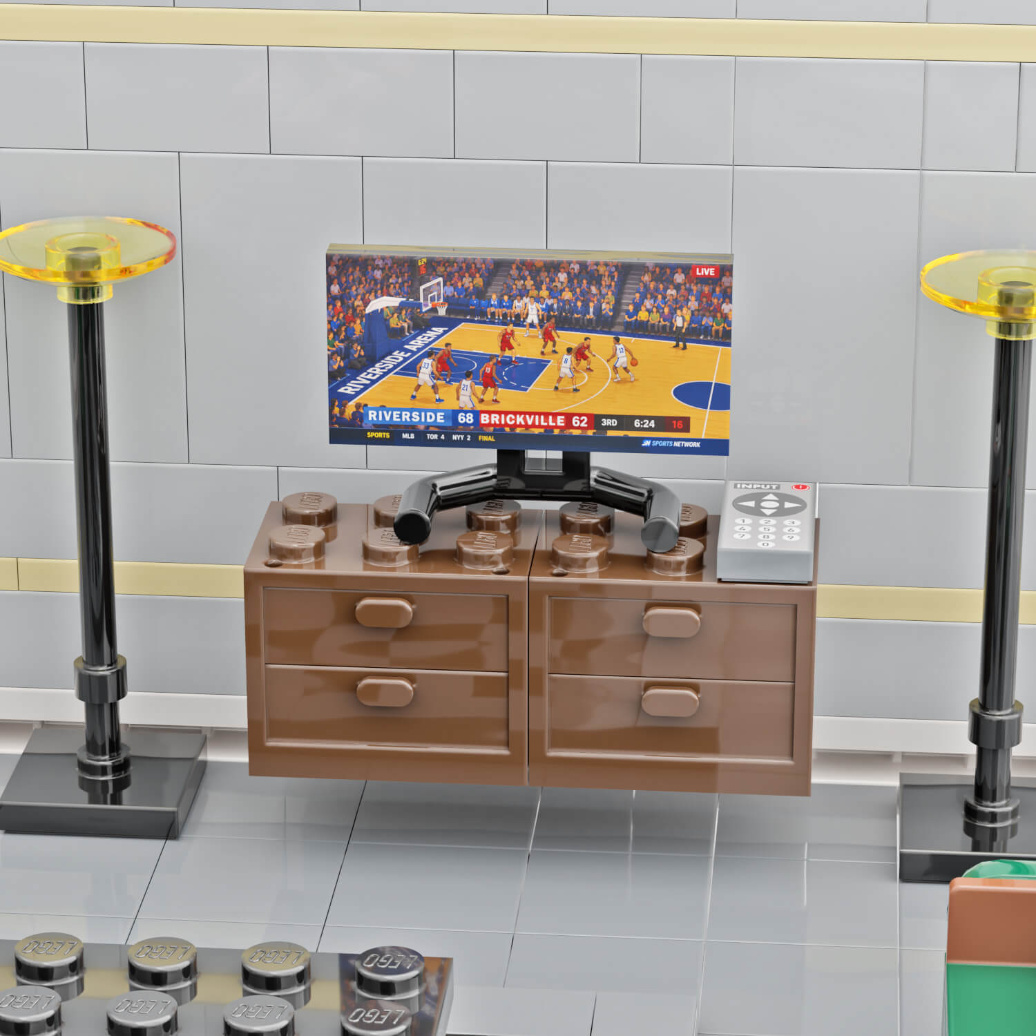 Lego TV screen showing a basketball game in a LEGO living room setting with grey walls