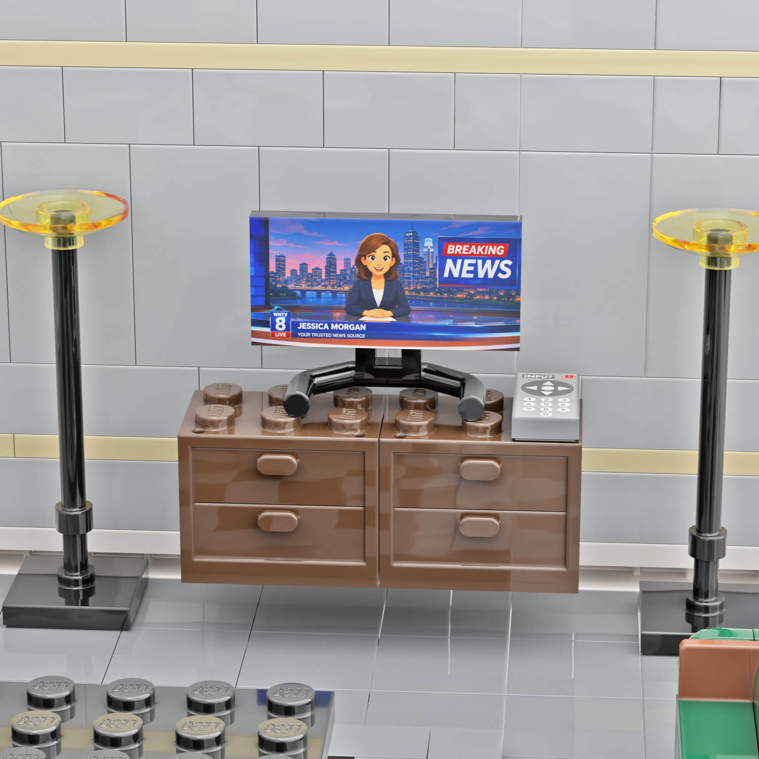 Brick built small TV screen and remote in a LEGO living room type setting with grey walls and floor lamps.