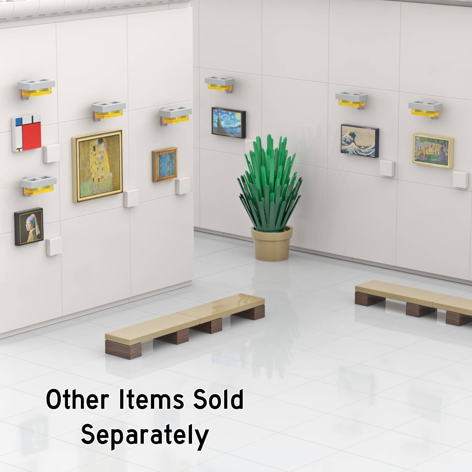 LEGO brick built art museum scene with artwork and painting hanging on white walls and viewing benches with a grey floor.