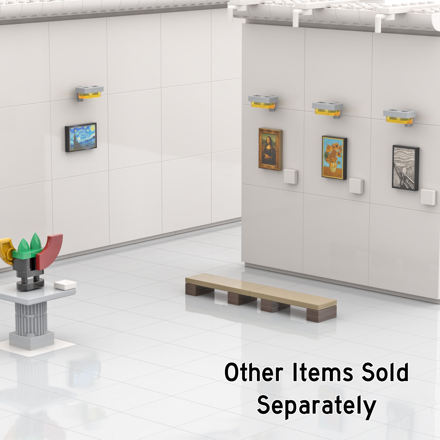 LEGO brick built art gallery with artwork hanging, viewing bench, with white walls and grey floor.