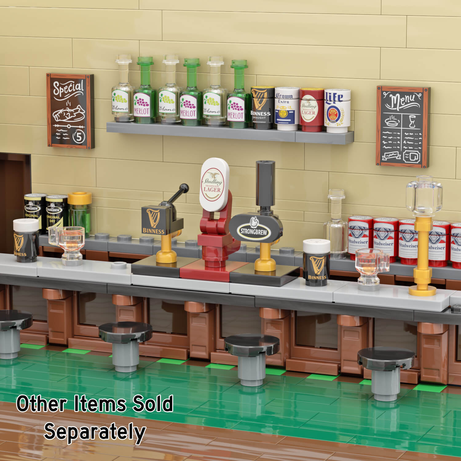 LEGO built bar setting with printed wine bottle beer cans and beer taps on a bar with seats.