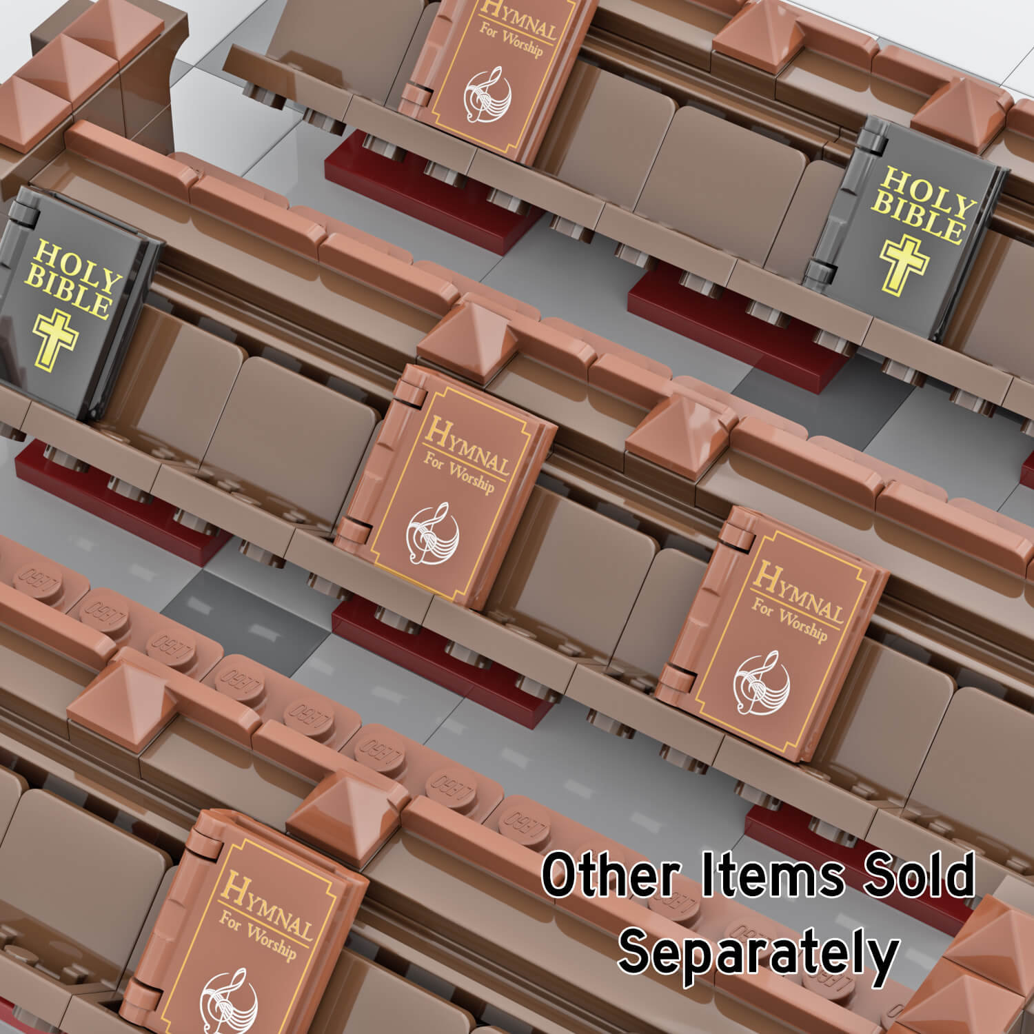 LEGO brick built church scene with church pews with bibles and hymnal books.