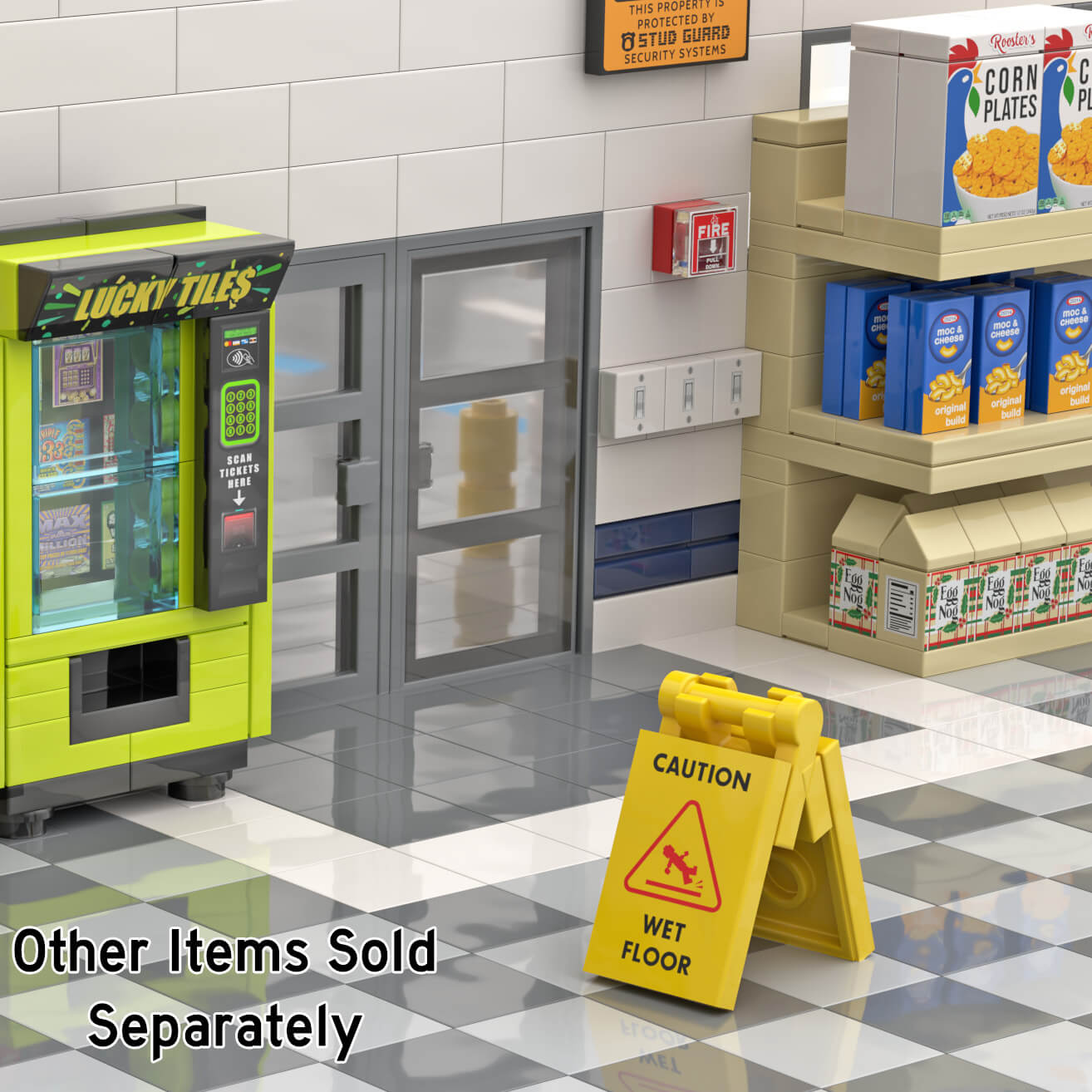 Lego built model of a convenience store interior with a vending machine, food on shelves, and a wet floor a frame caution sign, all made out of lego.
