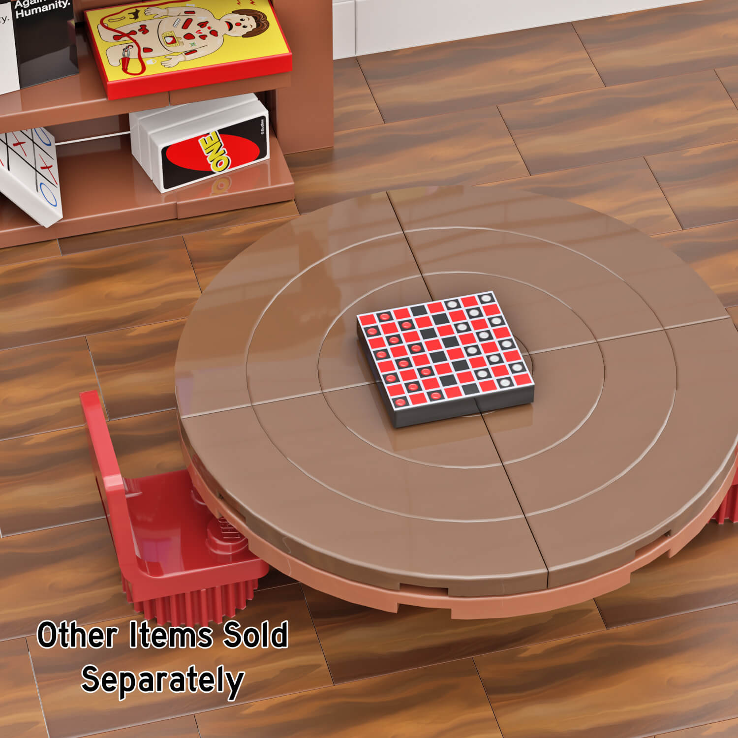 Checkers LEGO game on a brown round table with other LEGO games in the background