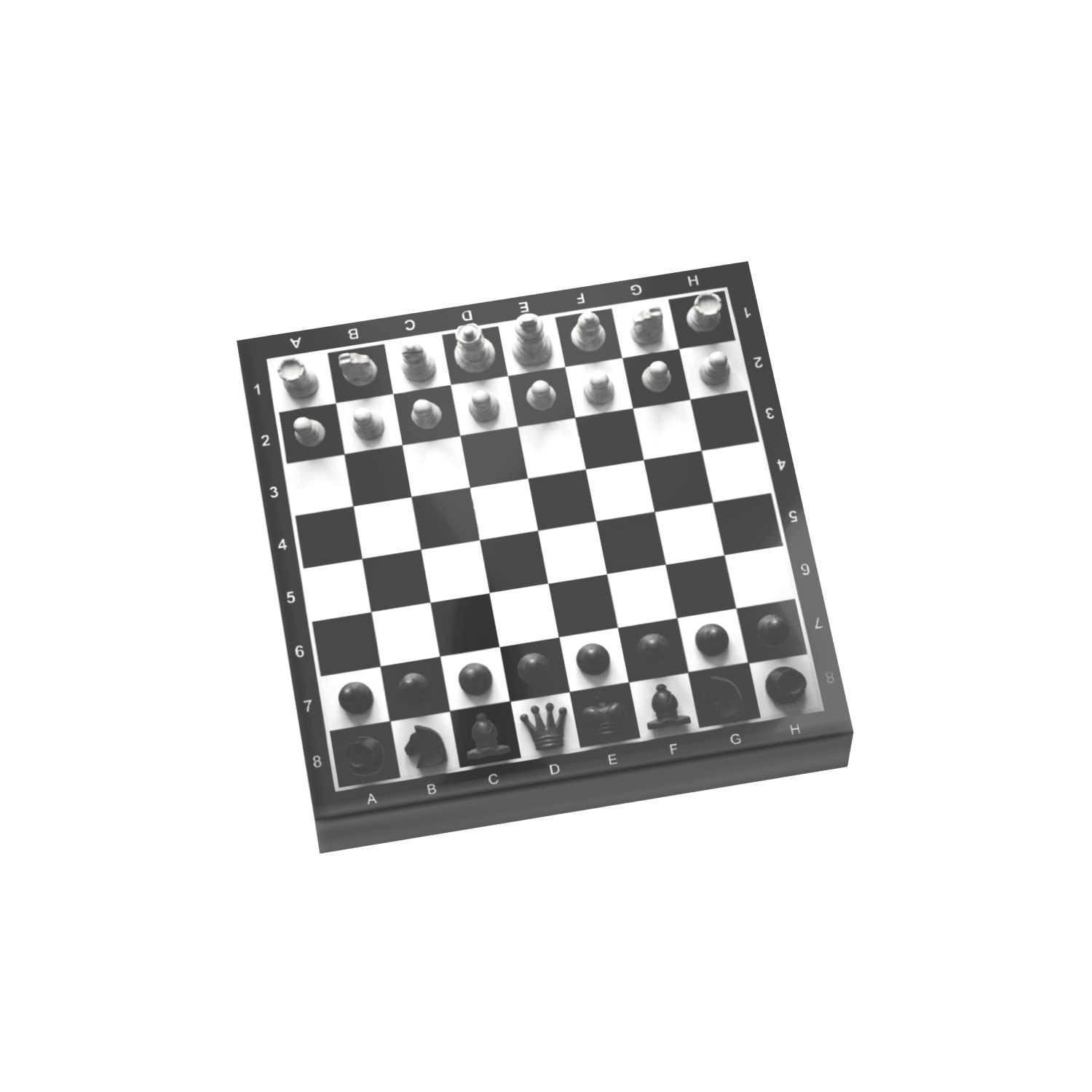 black and white chess board with pieces, custom printed on a black 2x2 LEGO tile